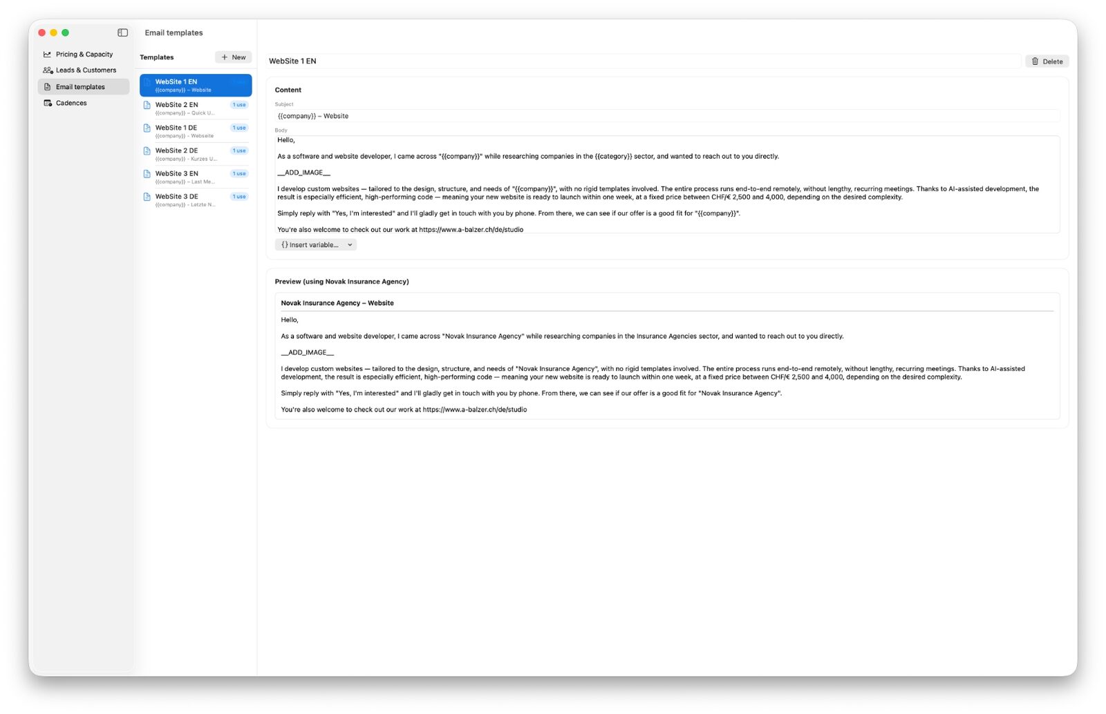 E-Mail-Vorlagen mit Live-Vorschau pro Lead